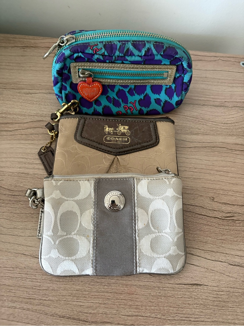 Lot sale 3 Coach Colorful Leopard Print Mini Pouch with Beaded Heart Charm
